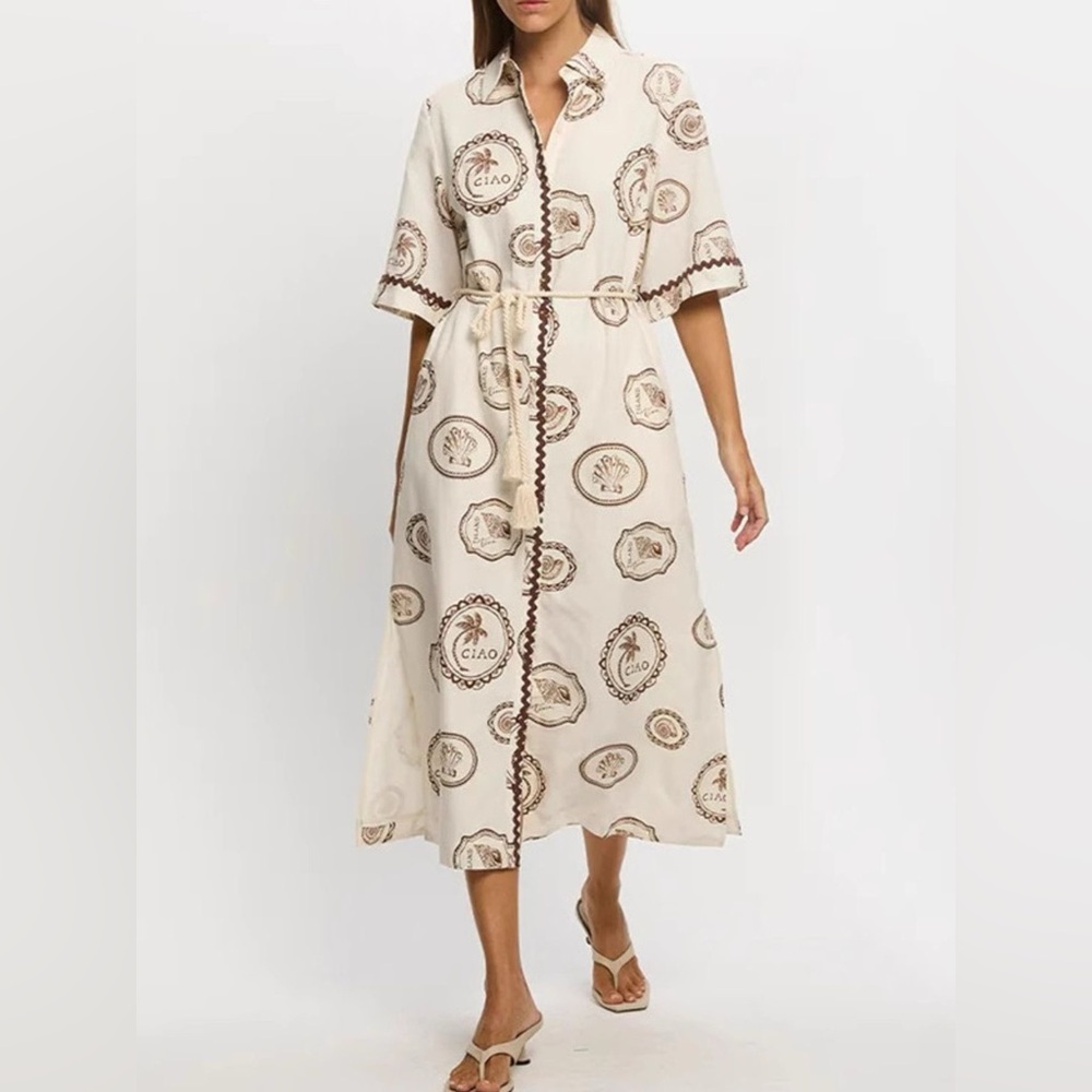 NWT Island Postcard Print Button-Down Midi Shirt Dress Belted, Boho Summer S-2XL - Picture 4 of 8